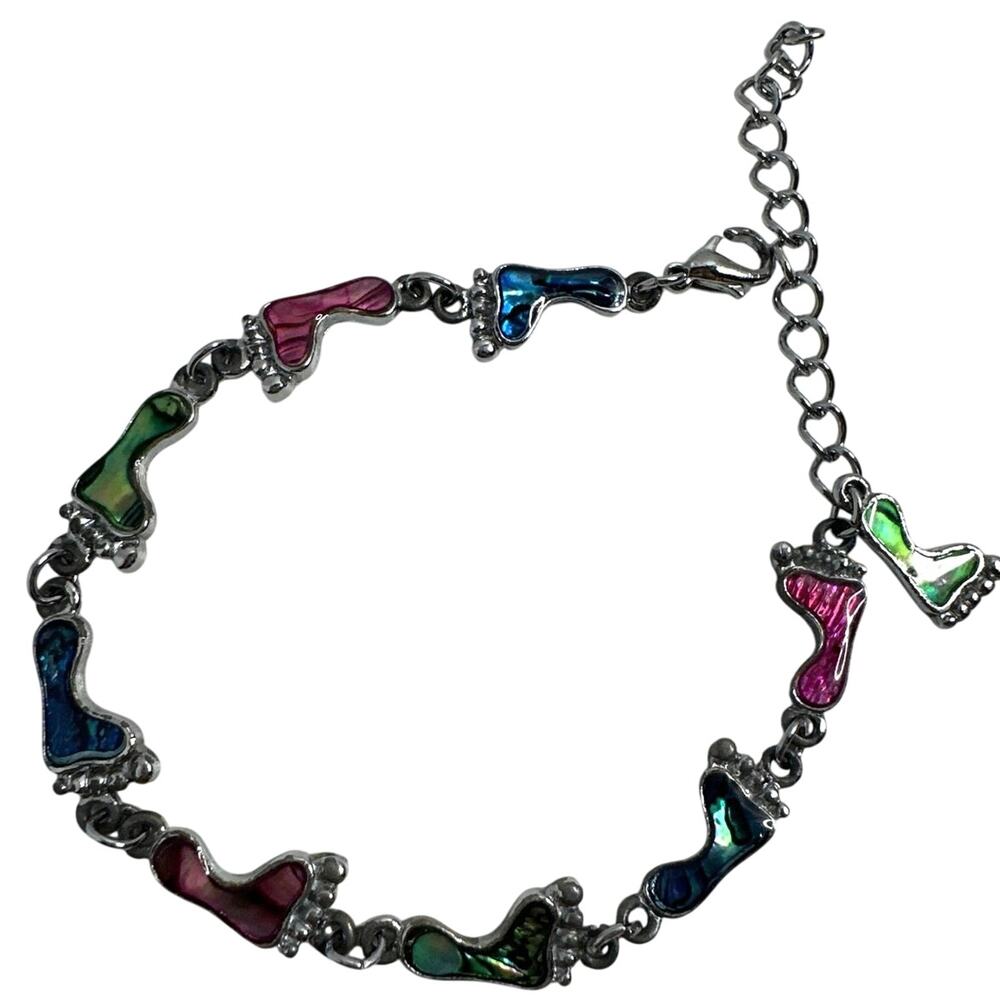 BOHO Silver Tone Foot Link Abalone Tennis Bracelet Lobster Clasp 7"+3" EX NWT